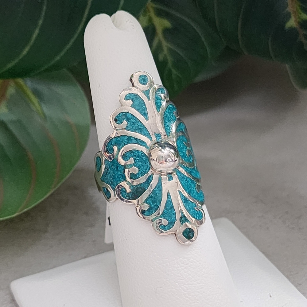 Taxco Sterling Silver & Turquoise Ring Size 7 - Picture 3 of 12